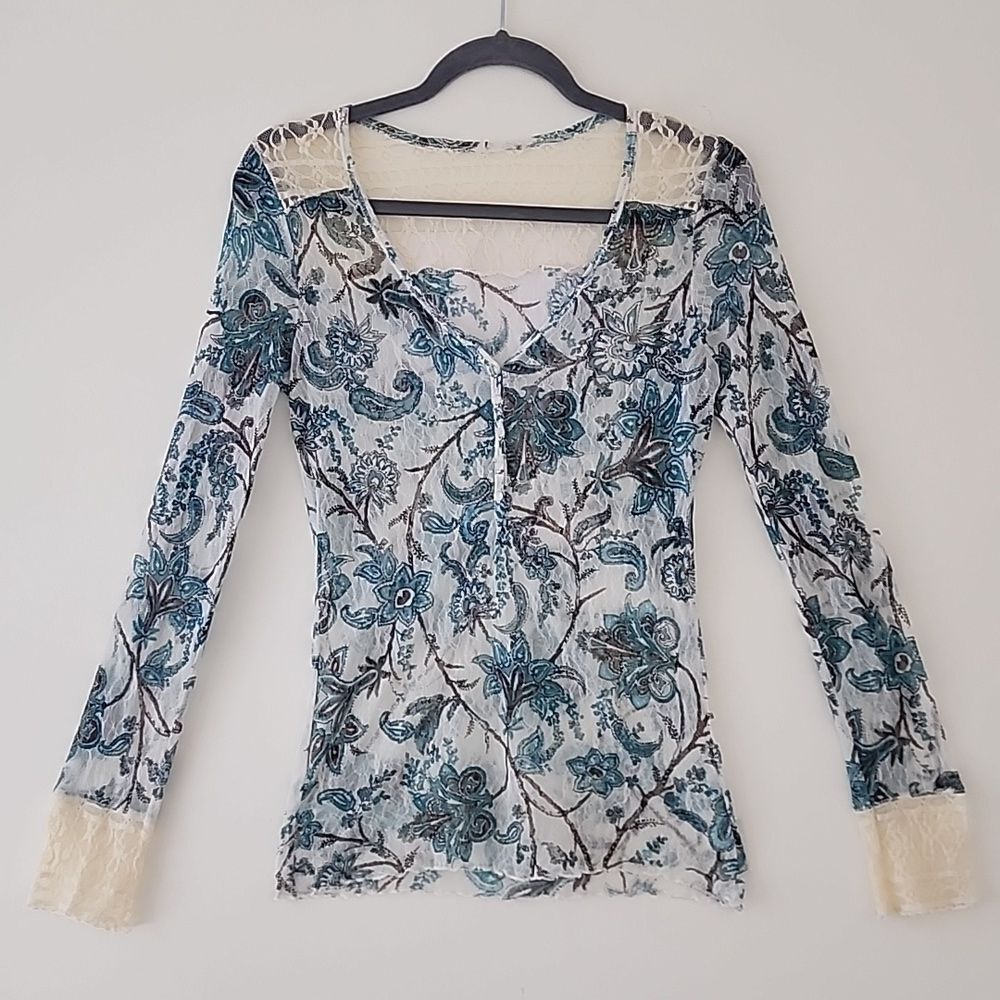 Y2K 90's Blue Floral Semi Sheer Mesh Tulle Beige Lace Trim Fitted Henley Top S E - Picture 11 of 12